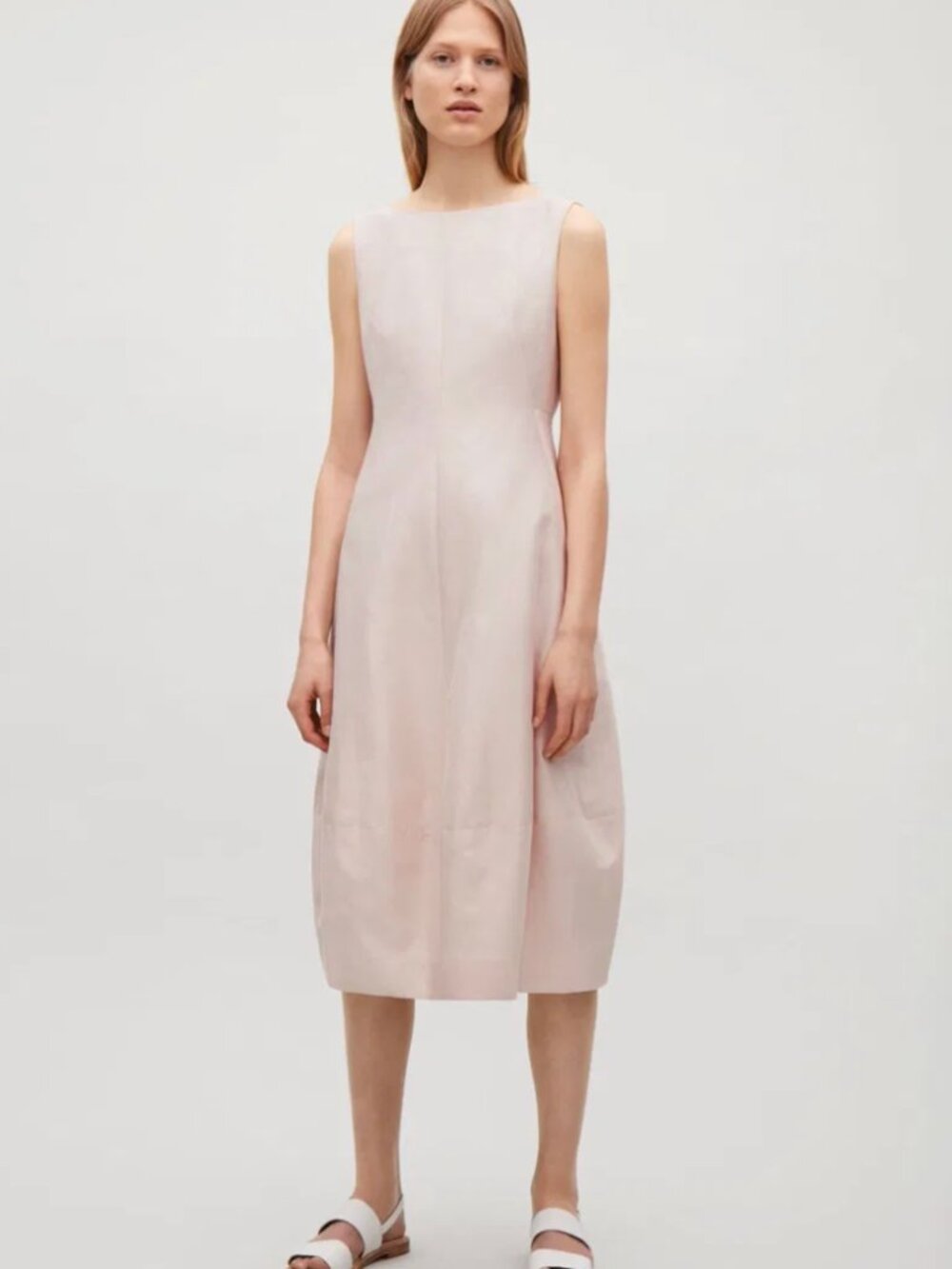 COS Cotton-Silk Cocoon Dress Beige US 10 Cotton Silk Midi